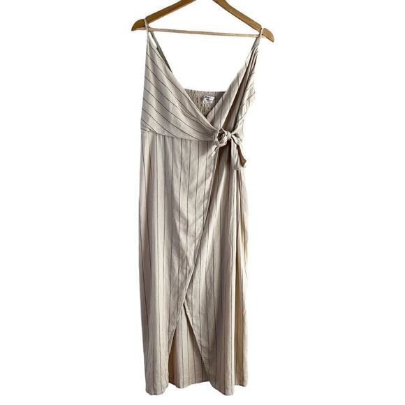 Urban Outfitters Quebec Linen Side-Tie Midi Wrap Dress Striped in Cream, Medium - Picture 2 of 13